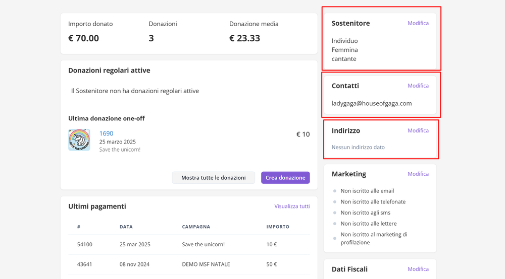 dati e modifica sostenitori